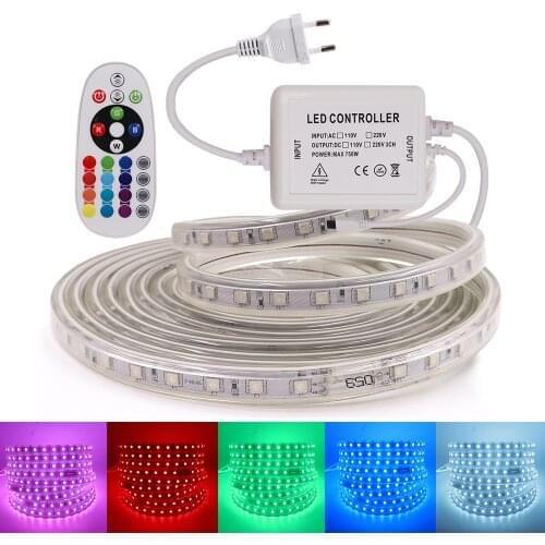 AC 220V-240V 5050 RGB LED Strip Light Waterproof + 24Key Remote 60LEDs/m Led Tape Rope Light For Home Decoration