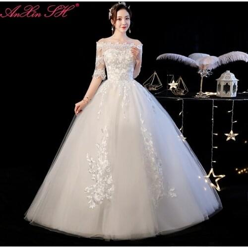 AXJFU princess flower lace white wedding dress party vintage boat neck half sleeve flower turkey white ball gown wedding dress