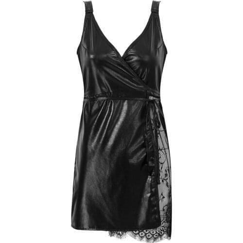 Black Women V Neck Wide Shoulder Straps Patent Leather Dress See-Through Lace Patchwork Belted Dresses Nightdress
