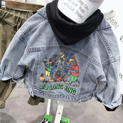 Kids Denim Jackets for Girls Boy Cartoon Letter Teenage Hooded Coats Spring Autumn Fashion Child Kids Outwear Jackets Jean 2021