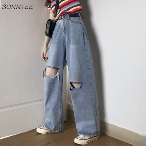 Jeans Women Hole Boyfriend Bleached Pockets Full Length Plus Size 4XL Baggy Stylish Wide Leg Denim Trousers Blue Vintage College