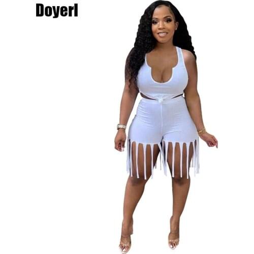 Tassel Two Pieces Sets Women Clothing Summer Outfits Tank Crop Top T-shirts and Elastic Waist Bodycon Biker Shorts Sets Suit