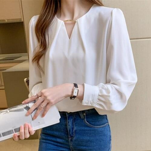 Korea Womens Chiffon Tops Womens V-neck Womens Tops Womens Long Sleeve Tops White Shirts Ladies Tops