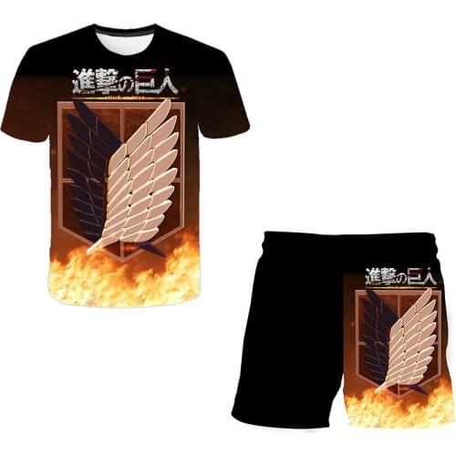 Summer anime boys t-shirt sports shorts attacking giant t-shirt set black and white feather t-shirt girls shorts t-shirt set