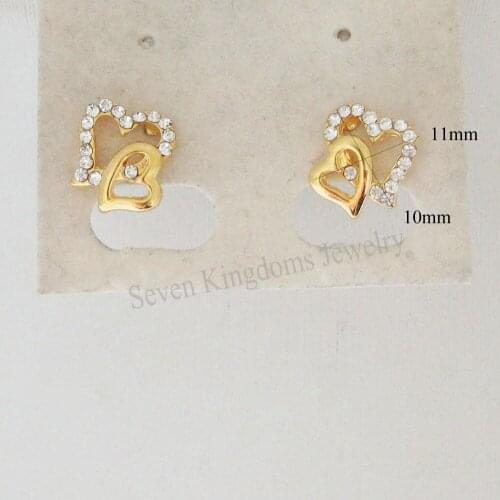 MIN ORDER 10$ CAN MIX DESIGN/NEW HIGH SHINNING CZ STONE DOUBLE HEART SHAPED - YELLOW GOLD - SOLID GP 11*10mm STUD EARRING