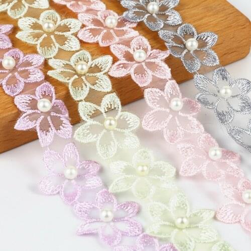 Fashion 1yard Pearl Flower Soluble Organza Lace Trim Knitting Wedding Embroidered DIY Handmade Patchwork Ribbon Sewing Supplies