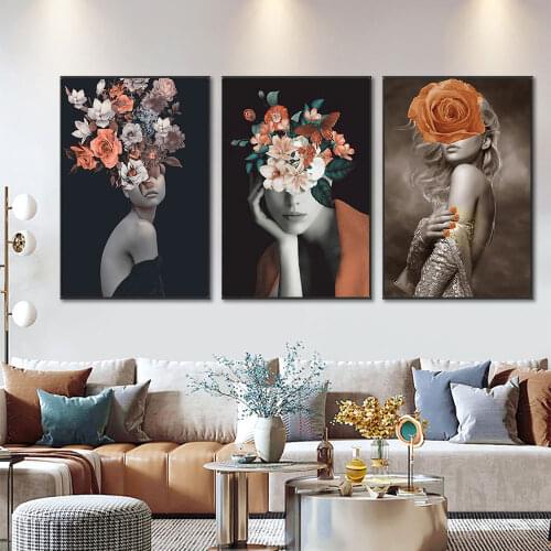 Fashion Women Head With Flowers Painting Modern Canvas Posters And Prints Wall Art picture For Living Room Bedroom Decoration