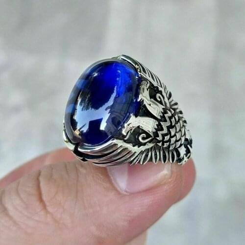 Mens ring 925 sterling silver Turkish handmade jewelry blue sapphire