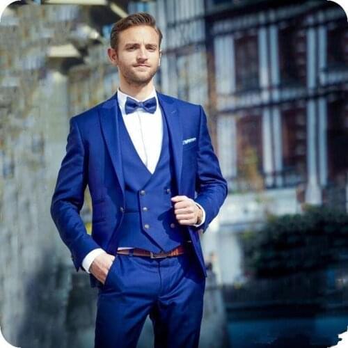 Handsome Royal Blue Peak Lapel Men Suits 1 Button Costume Homme Tuxedo Prom Wedding Groom Blazer Terno Masculino Slim Fit 3 Pcs