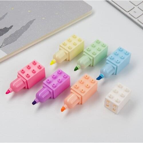 6pcs Dream Toy Building Block Highlighter Pen Set Fluorescent Marker Liner for Painting Drawing Kid Gift School E6201