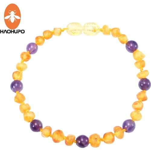 HAOHUPO Raw Amber Bracelet/Necklace with Amethyst for Baby Teething Authentic Natural Irregular Amber Beads Kid Women Jewelry
