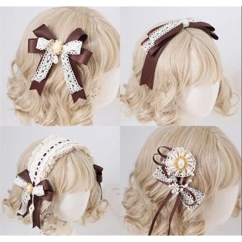 Lolita Brown Coffee Lace Hairpin Trim Bow Hairband Side Clip Headdress KC Hair Hoop Headband Hair Accessories B1513