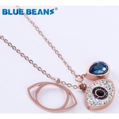Necklace stainless steel Blue Crystal Evil Eye Necklaces Rhinestone Pendants women long chain fashion jewelry pendants Rose gold