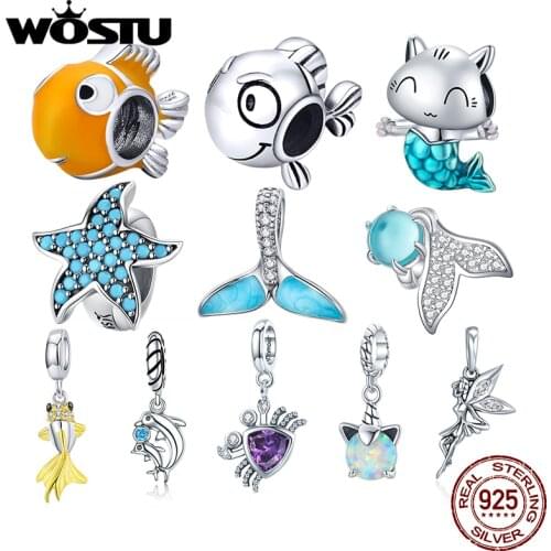 WOSTU Authentic 925 Sterling Silver Kitty Mermaid Beads Charms Pendant Fit Bracelets Women Party DIY Fine Jewelry Gift Making