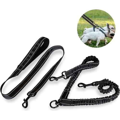 One Drag Two Traction Rope 2 Pet Dog Rope Elastic Buffer Dog Chain Reflective Traction Belt Dog Rope Dog Belt Double Pull Hot