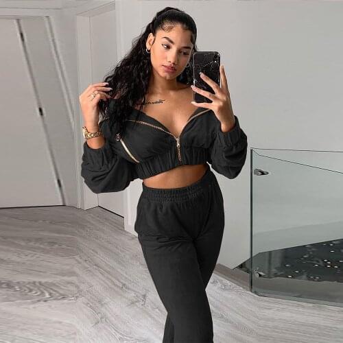 Casual Sporty Two Piece Tracksuit Womens Set Zipper Up Long Batwing Sleeve Crop Coat and Elastic Wiast Jogger Pant Fall Winter