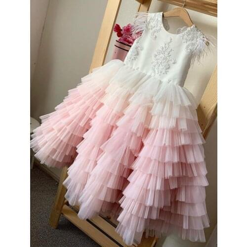 Custom Long Flower Girl Dress Layered Tulle Lace Feather O Neck Girls Pageant Gown Princess Birthday Dress Photography