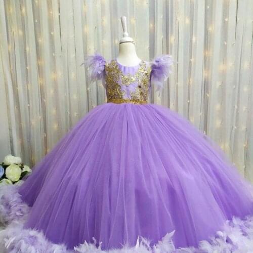 Real Photos Girls Blue Puffy Feather Birthday Dress Lavender Girls Celebration Dresses Princess Gowns Golden Lace Applique