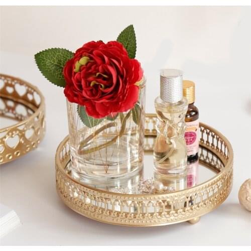 Retro golden iron glass metal storage tray golden round fruit tray desktop small items jewelry display tray mirror