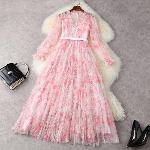 Pink Gown Dress 2021 Spring Summer Party Bride Women V-Neck Ruffle Flower Deco Long Sleeve Sexy Tulle Mesh Long Maxi Dress Festa