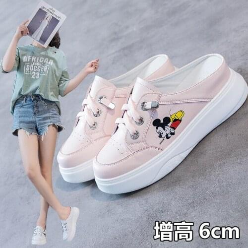 Disney Loafer Shoes Net Red Mickey Mouse Mickey Leather Baotou Half Slippers Womens Thick-soled Slippers Fashion Parent-child S