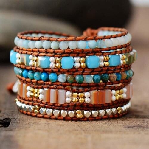 Vintage 5 Strand Leather Bracelets Natural Stone Crystal Wrap Bracelets Multilayers Boho Woven Bracelet Jewelry Dropshipping