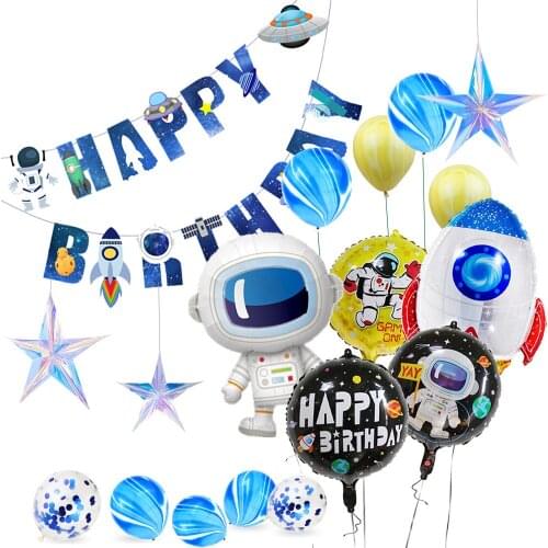 Outer Space Banner Astronaut Balloons Astronaut Rocket Ship Balloons Galaxy System Theme Boy Kids Birthday Party Decoration