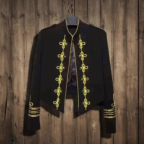High Quality Flower Embroidert Wedding Dress Jacket Men Black Gold Metal Button Unique Men Blazer Jacket Irregula Length Blazer