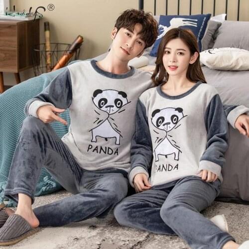 Women Men Winter Couples Unisex Flannel Sleepwear Warm Fleece Pajamas Set Lovers Nightgown Cute Cartoon Pijamas Home Clothes