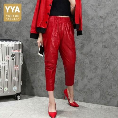 Red Sheepskin Real Leather Women Office Korean Harem Pants Streetwear Casual Loose Mid Waist Trousers Pantalones Large Pant XXXL