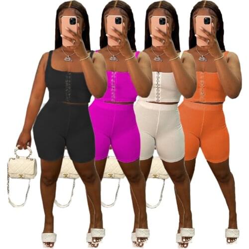 Casual Sportswear Hook Knitted Rib Tracksuit Women Tank Crop Top + Biker Shorts Slim Two Piece Set Outfits Streetwear Matching