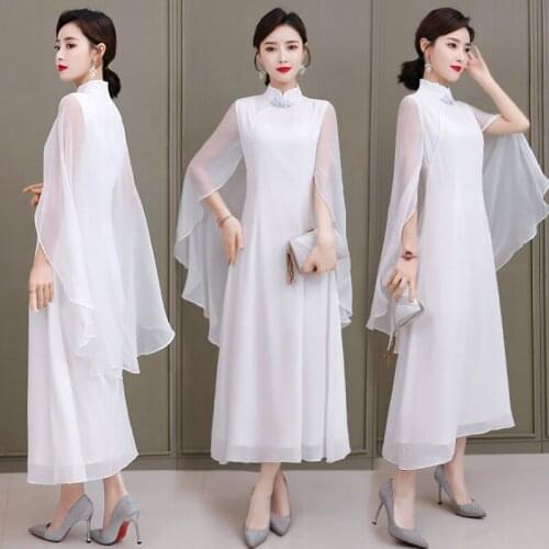 Ladies White Long Elegant Shawl Dress 2020 Summer Modified Cheongsam Dress Chinese Banquet Qipao Evening Dresses
