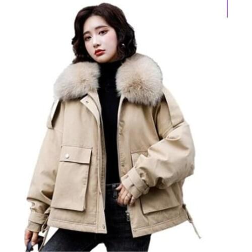 Womens short plus cashmere coat 2020 winter warm coat Khaki loose padded padded jacket Ladies large fur collar tooling jacket