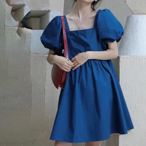 Square Neck Puff Sleeve Blue Dress 2021 New Womens French Chiffon Short Skirt Summer Dress vestido de mujer