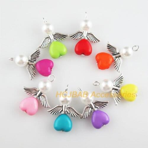 16Pcs Tibetan Silver Tone Angel Mixed Acrylic Heart Charms Pendants 20.5x28mm