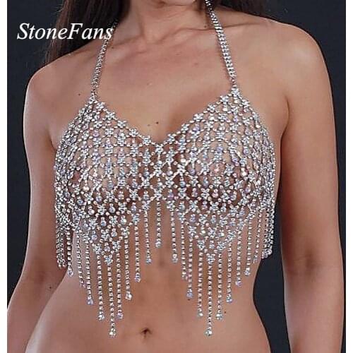 AB Crystal Bling Tassel Rhinestone Bra Tops Body Chain Summer Sexy Gold Metal Diamond-Studded Bra Party Club Dance Bralette