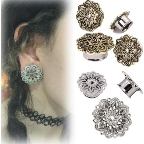 1 Pair Hollow-out Flower Ear Plugs Steel Ear Tunnel Gauges Flesh Body Piercing Ear Reamer Expansor Oreja Stretching 6mm-20mm