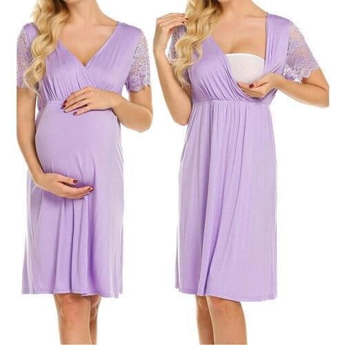 Maternity Lace V-Neck Pajamas Nightgown Breastfeeding Dress Childbirth Nursing Pajama Pregnant Women Lounge Nursing Sleepwear