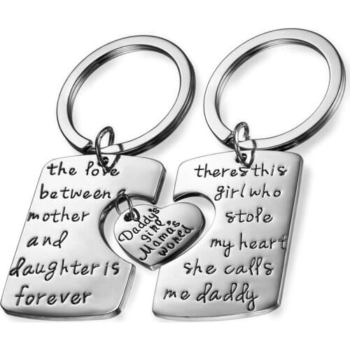BONISKISS New Fashion Keychain Necklace Sets Heart Pattern Alloy Jewelry Letter " Dad Dughter Mommy"Charm Gift For Family