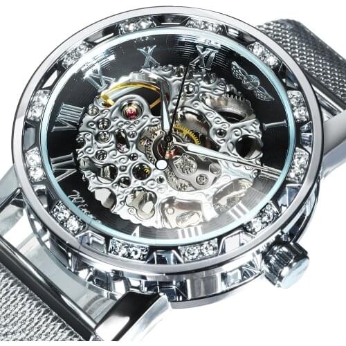 WINNER Fashion Carved Skeleton Men Watches Silver Top Brand Luxury Mechanical Ultra Thin Mesh Strap Crystal Iced Out Ladies