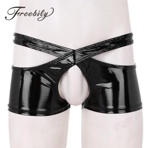 Black Mens Sexy Lingerie Wetlook Faux Leather Low Rise Open Crotch Two Symmetrical Halves Boxer Briefs Underwear Panties Set