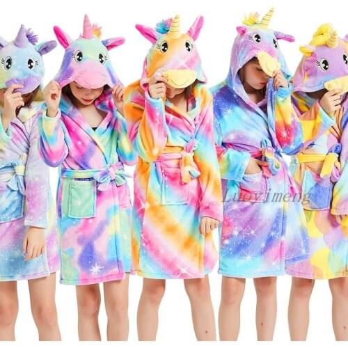 Winter Kigurumi Children Bathrobe Baby Bath Robe Animal Unicorn Hooded Bathrobes For Boys Girl Pyjamas Nightgown Kids Sleepwear