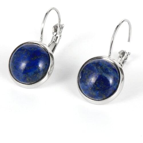 Women Natural Gem Stone French Earring Hook 12mm Charm Lapis Lazuli Crystal Earring Stud 2020 Fashion Jewelry Earrings