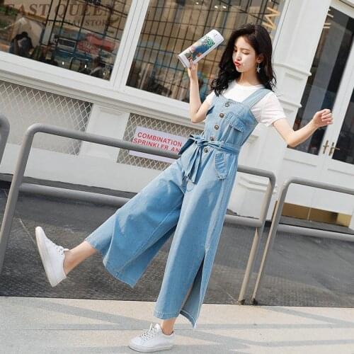 Jumpsuits casual women wide leg pants denim jumpsuit mujer button washed v-neck strap loose sashes mid slip vestido AA3767 Y a
