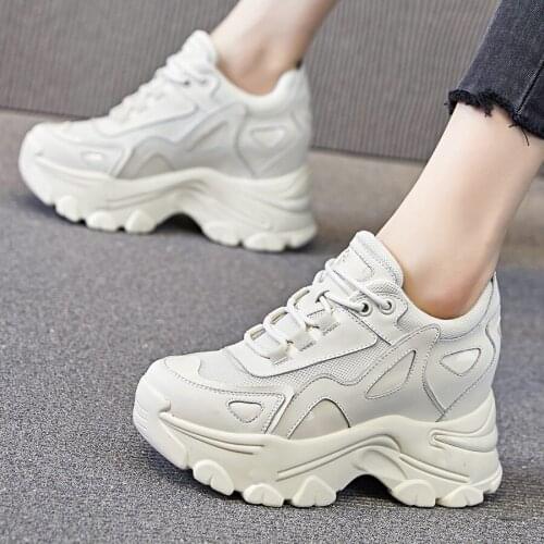 Fashion Sneakers Womens Breathable Cow Leather Ankle Boots Platform Wedge High Heels 34 35 36 37 38 39