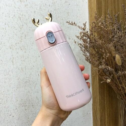 350ML Warm Cup Womens Version Antler Simple Bounce Student Water Cup Children Portable Lovely Creative Pink Cup Kawaii Cup