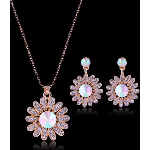 Fashion Rhinestone Inlaid Sunflower Flower Petal Drop Pendent Earrings Necklace Set Neck Ear Jewelry Sets for Women Girls Gift