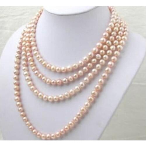Natural AAA 7-8MM pink Akoya pearl long necklace 100 inch