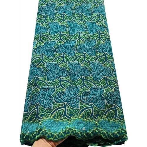 Green Latest African hollow out cotton lace fabric soft voile lace fabric with embroidery for making dress (5yards/pc) YLL3044