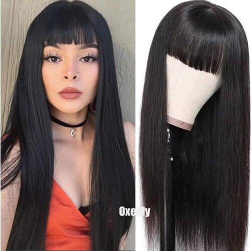 Oxeely Long Straight Wigs with Full Bangs Black Color Synthetic Full Wig for Fashion Women Heat Resistant Hair Replacement Wig